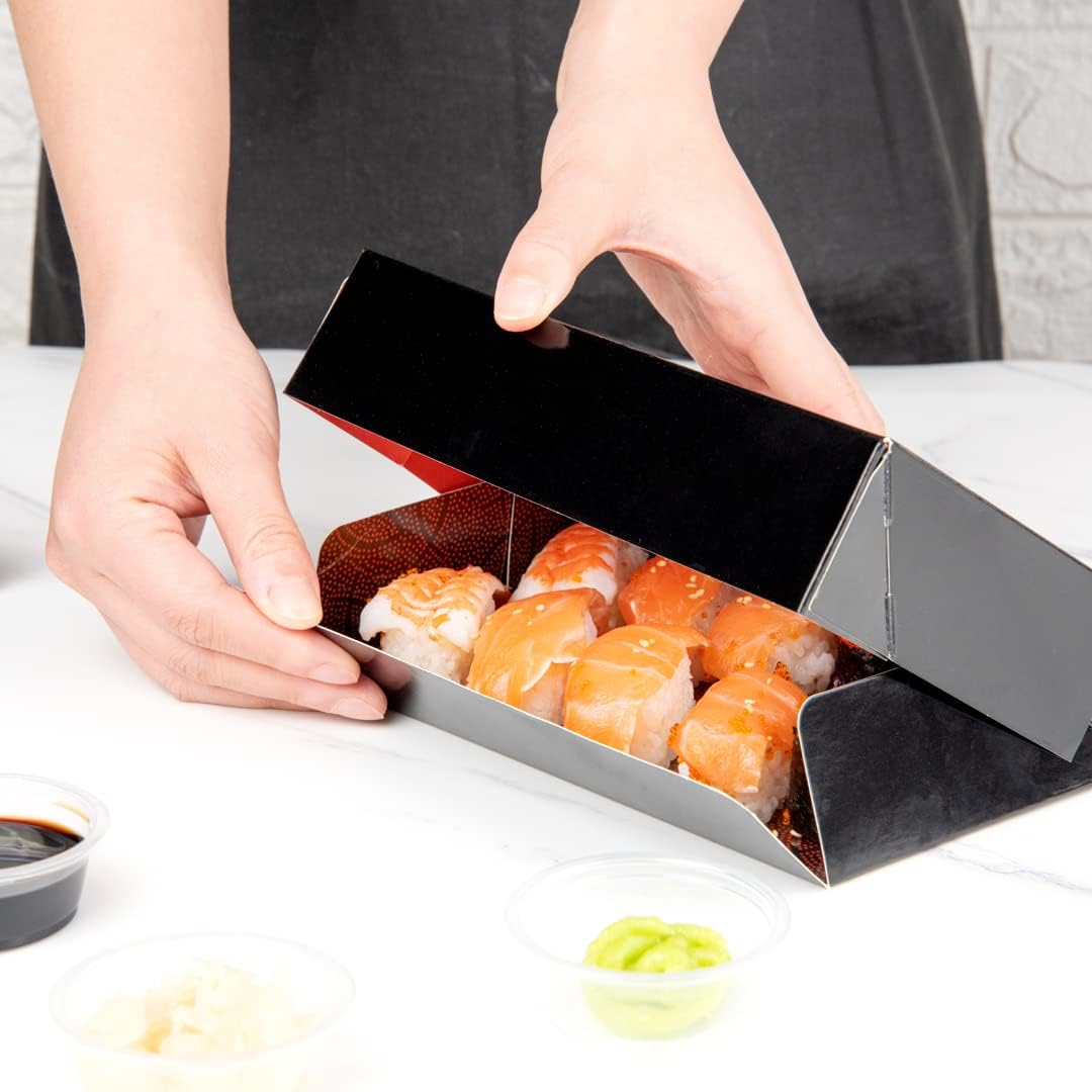 Restaurantware Sakura Vision 8 x 4.8 x 1.8 Inch Sushi Boxes 200 Disposable Take Out Boxes - Built-In Lid Clear Window Black Paper Rectangle Boxes For Sushi Maki Or Sashimi