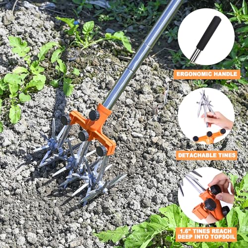 BARAYSTUS Rotary Cultivator Garden Rotary Tiller Adjustable Stainless Steel Poles Hand Tiller for Soil Mixing or Reseeding Grass Lawn Tiller Total Length 57 Inch by BARAYSTUS - Image 6