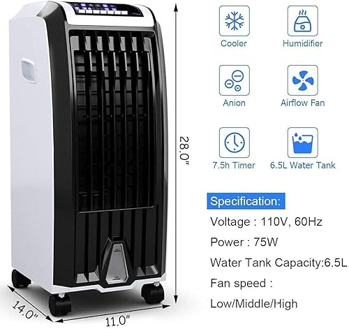Miniatura 7 de ARLIME Evaporative Air Cooler, 28" Portable Air Conditioner w/Remote, 1.7 Gallon Water Tank, 7.5H Timer, 3 Wind Speed & 3 Mode with 4 Wheels and 2