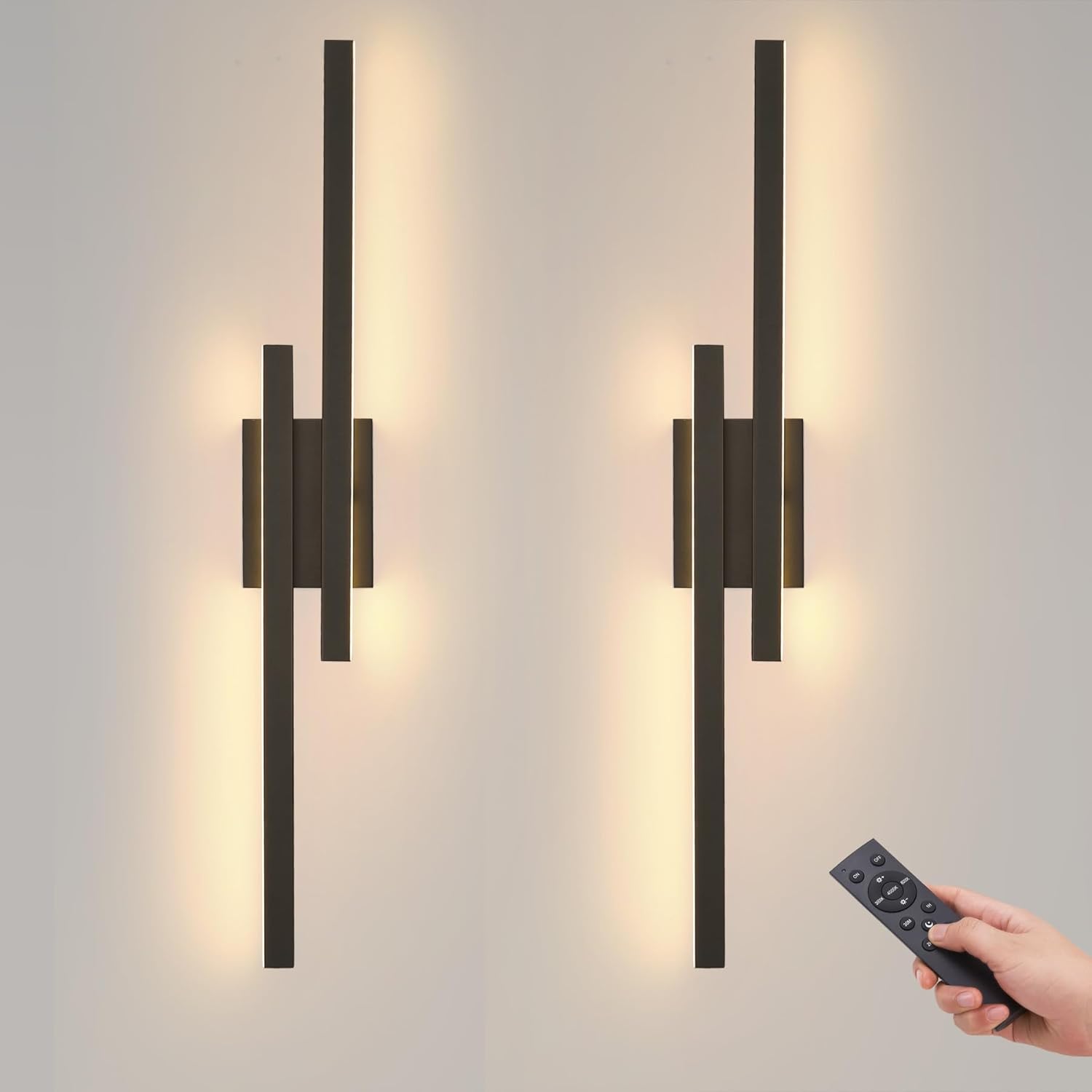 Battery Operated LED Wall Sconces Set of 2, Wireless Rechargeable Wall Lights with Remote Control, 3000K-6000K Dimming Wall Decor Lamp for Living Room Hallway Dining Room Bedroom, 28.5 Inch Black