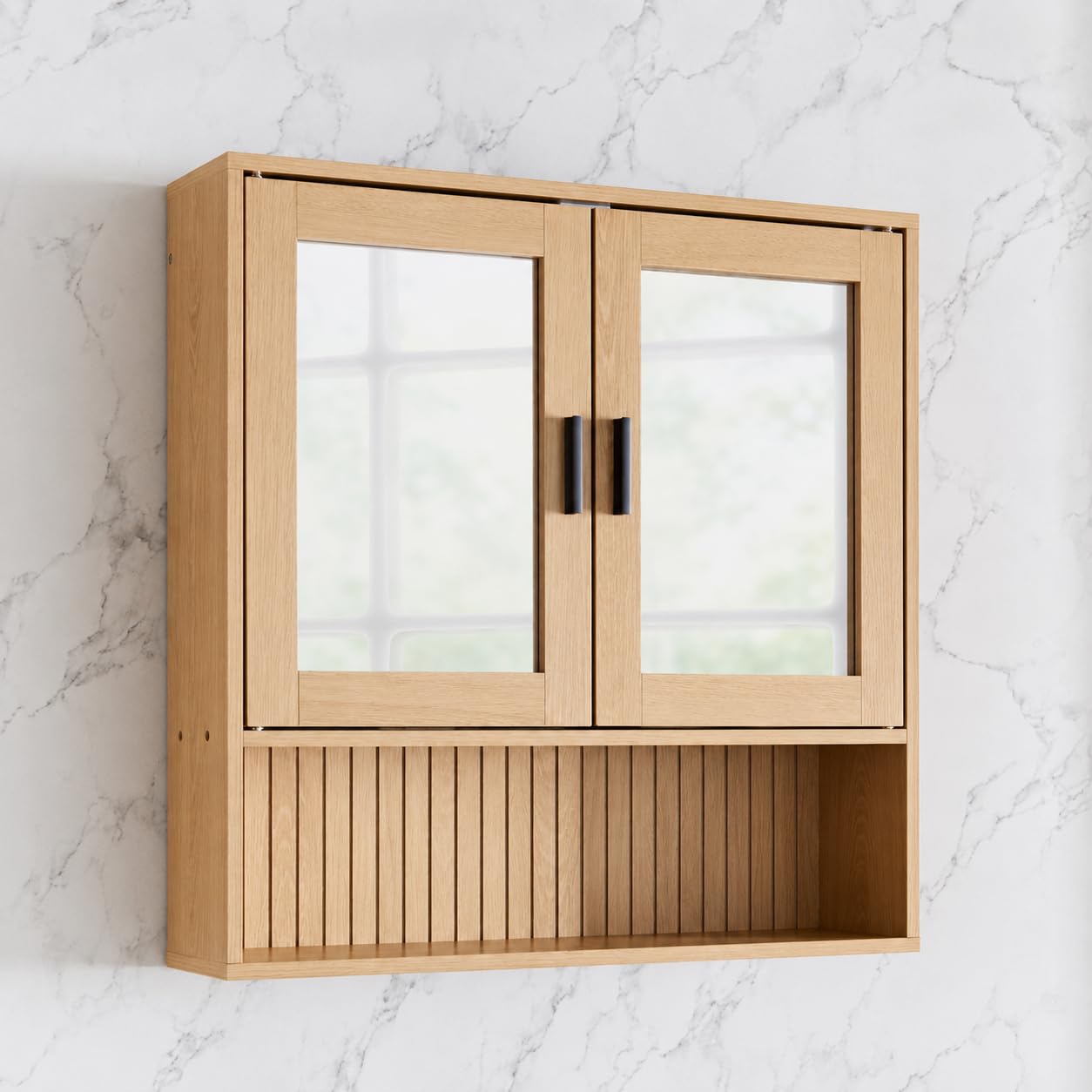 Bathroom Mirrored Wall Cabinet with Shelf Storage, Premium Oak Effect Finish, Durable Wall Mounted Bathroom Cabinet, Space Saving Mirror Doors, Modern Storage Unit for Toiletries & Essentials A162