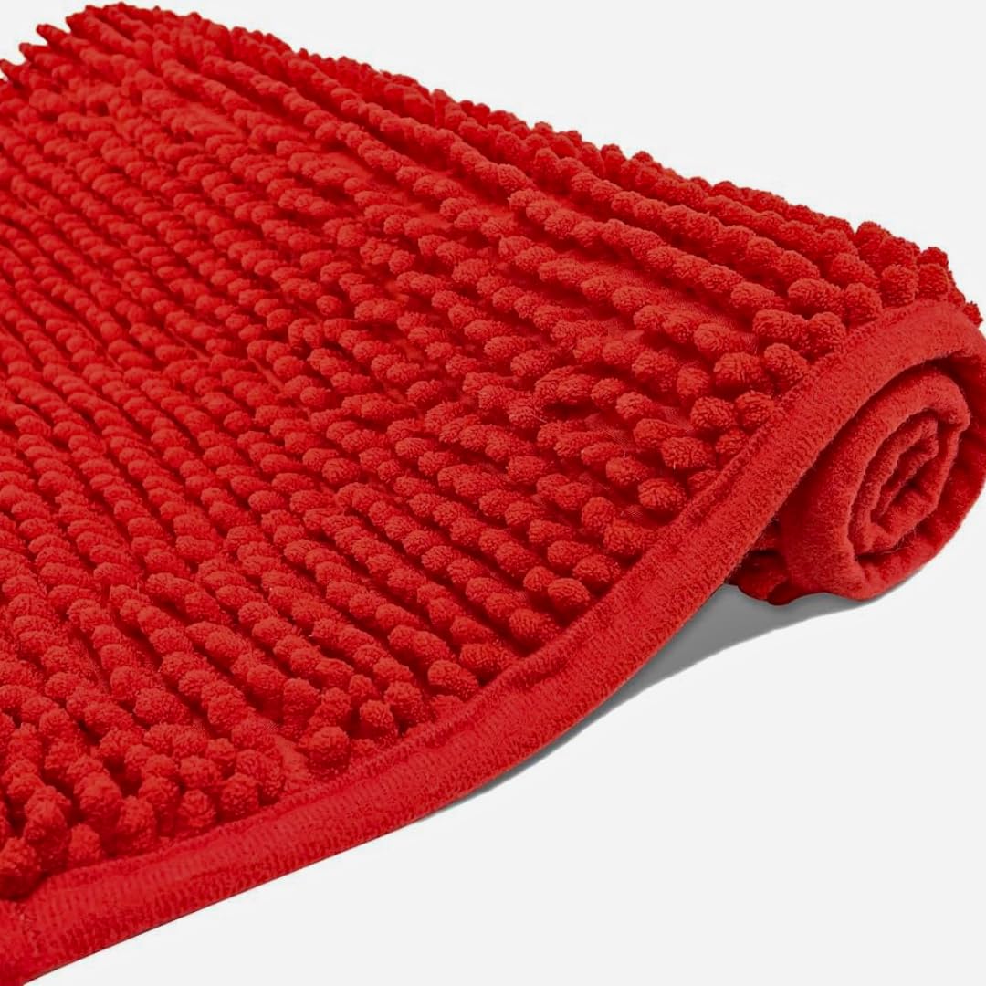 KUMY Alfombra de Baño Chenille 40x60cm | Ultra Absorbente y Antideslizante | Suave al Tacto | Diseño Moderno (Rojo)