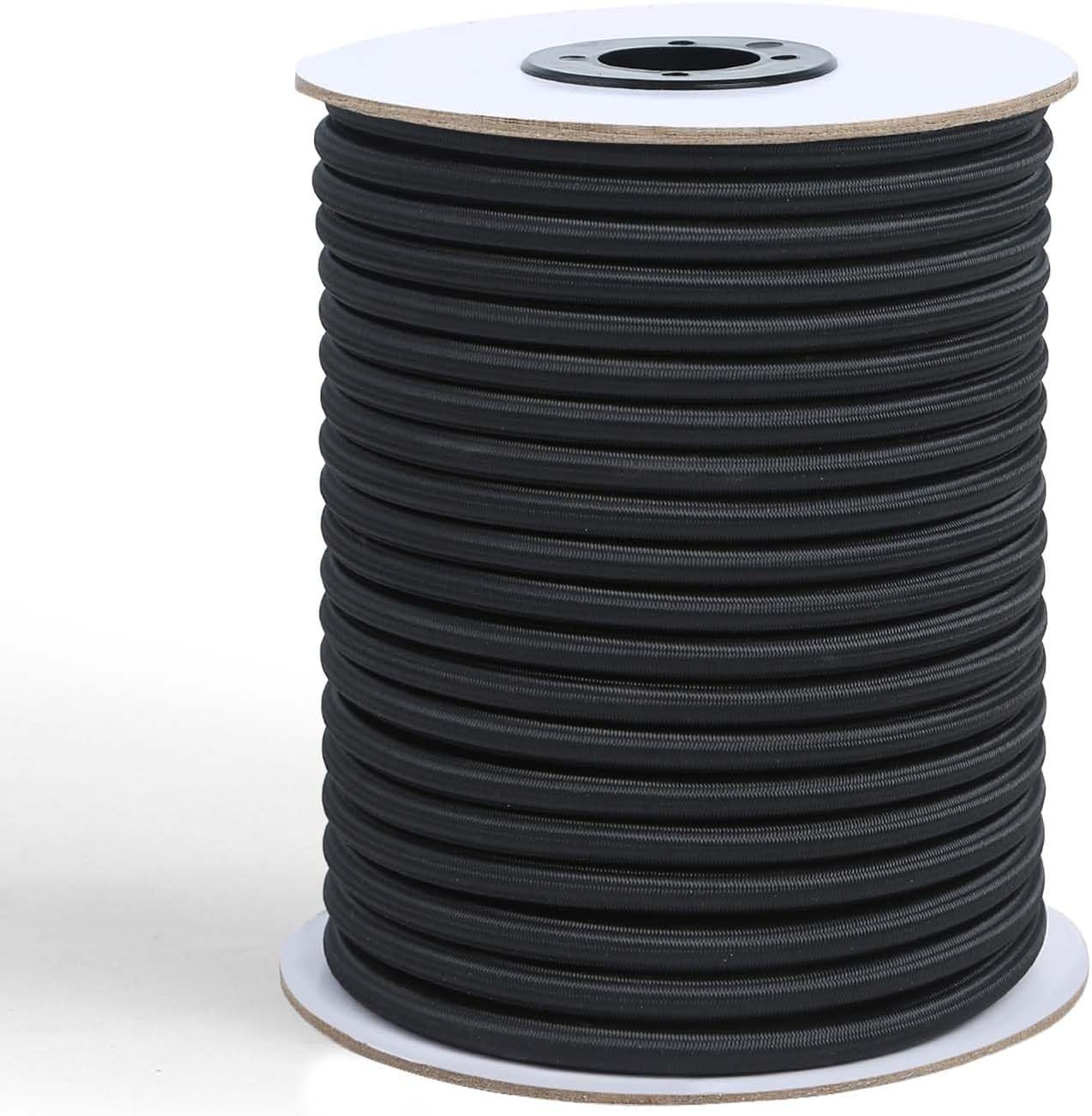 Strong and Durable Bungee Cord - 3/8" x 100ft Elastic Cord, Kayak Stretch String Rope, Bungee Shock Cords for Repairing Tent Poles, DIY, Tie Downs, Black