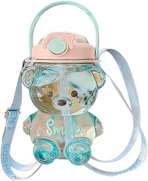 GFYYBKJ Kawaii Bear Water Bottle, Portable Kids Cartoon Water Bottle with Straw & Strap, Cute Bear Straw Bottle for Girls Boys Women Outdoor Sports Camping Picnic Travel, Blue, 47oz