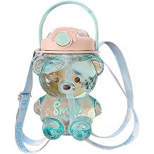 GFYYBKJ Kawaii Bear Water Bottle, Portable Kids Cartoon Water Bottle with Straw & Strap, Cute Bear Straw Bottle for Girls Boys Women Outdoor Sports Camping Picnic Travel, Blue, 47oz
