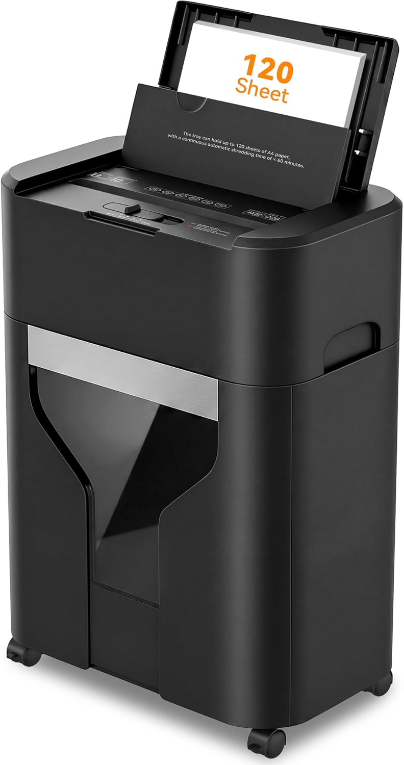 120-Sheet Auto Feed Paper Shredder, 40 Min Non-Stop, Shredders for Home Office Heavy Duty, P-4 Ultra Security Shredder for Home Office, Cross-Cut with Wheels, 5.28 Gal Bin, <63 dB (OL287)