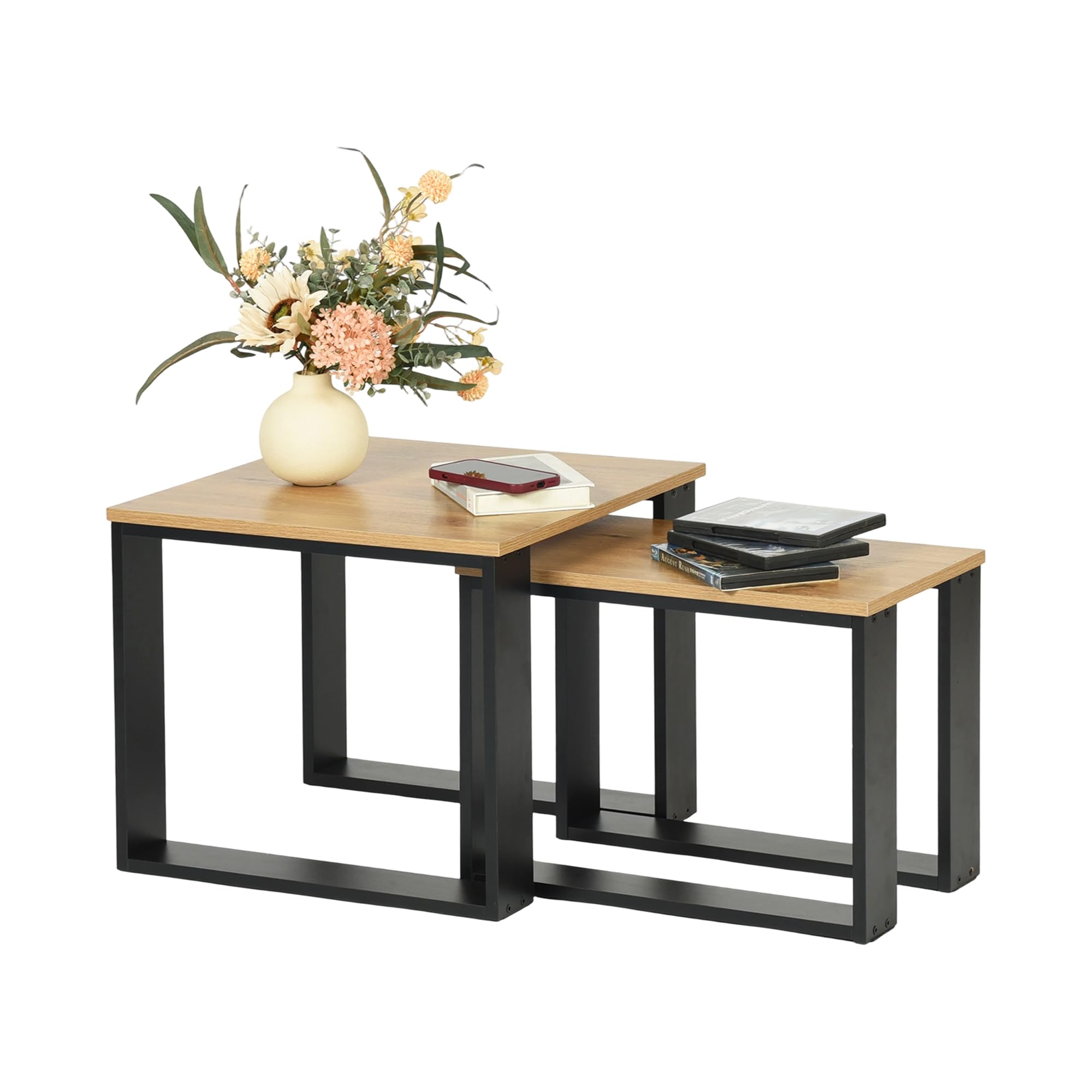 Lot de 2 Tables Basse Gigogne Carrée de Salon Noire et Bois Foncé, Table Basse Moderne Design Table D'appoint de Canapé et Chevet pour Salon/Chambre/Balcon/Jardin/Bureau/50X50CM(Imitation Chêne)
