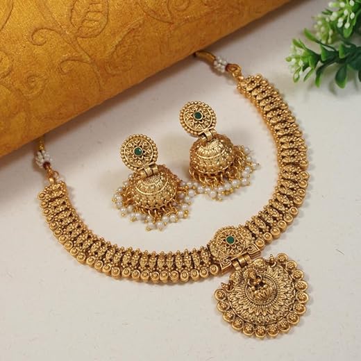 South Indian Traditional Gold Plated Copper Necklace Jewellery Set for Women with Earrings | Adjustable Design, No Stone Design No TM240GREEN
