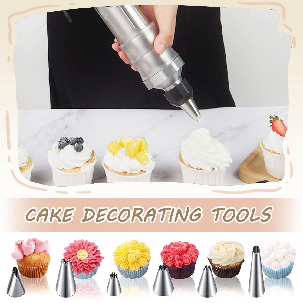 Spritztüllen-Set aus Edelstahl, Spritztüllen und Tüllen-Set für Cupcakes, Kekse, Kuchen, Dekoration, Spritztülle, Zuckerguss-Spritze, wiederverwendbar, DIY-Backwerkzeuge mit Sahneschaber und 6