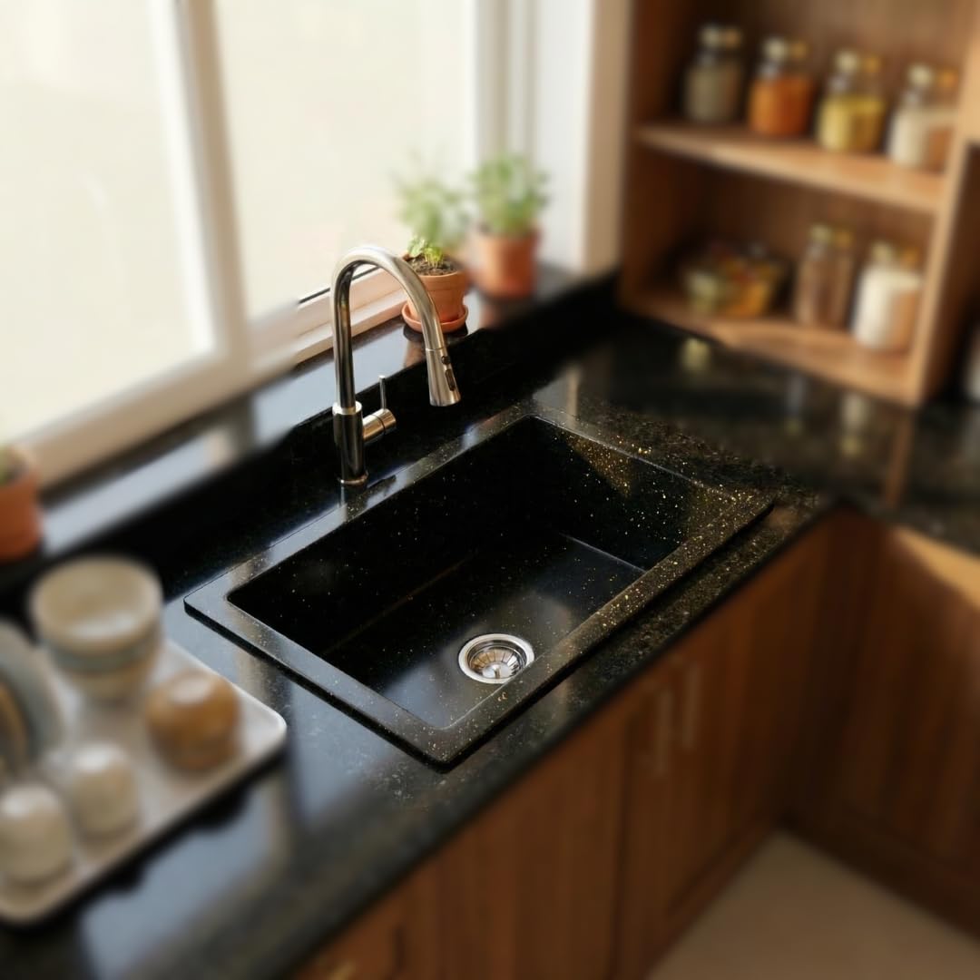 Quartz Single Bowl Kitchen Sink | Sink Coupling, Waste Pipe & Vegetable & Fruit Washing Basket | UV Protected, Smooth Finish & Scratch-Resistant Granite Sink (24x18x9 inches) (DOTED BLACK)