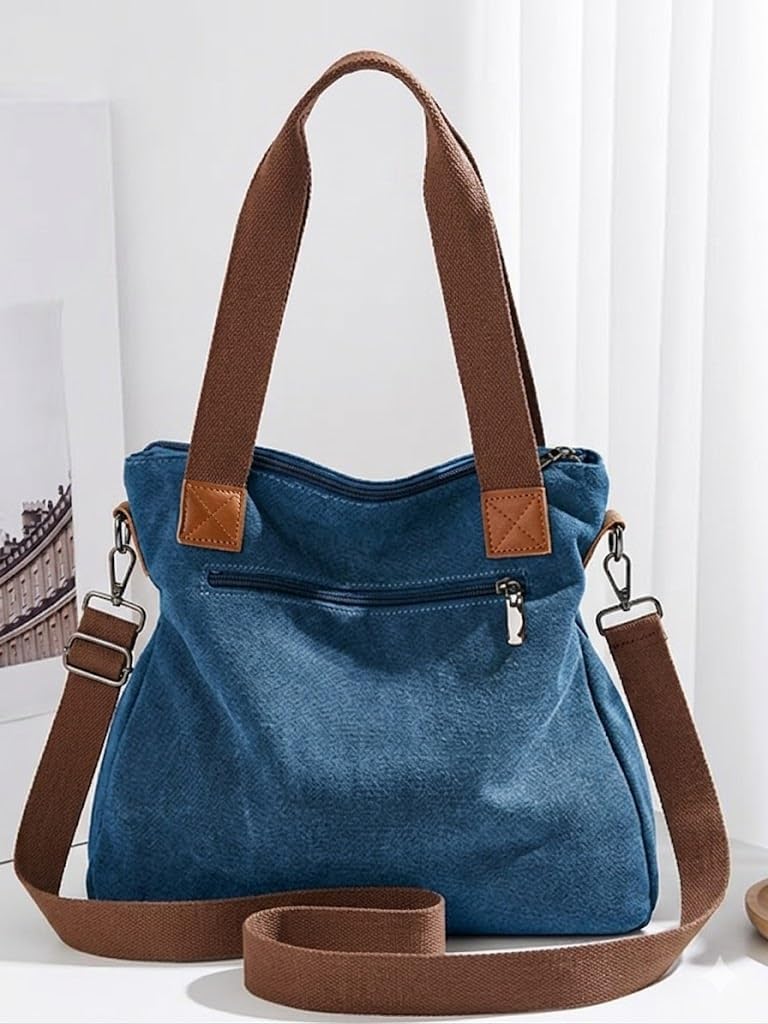 Canvas Hobo Shoulder Bag with Double Zippers, Brown Straps, Casual Tote Handbag for Women