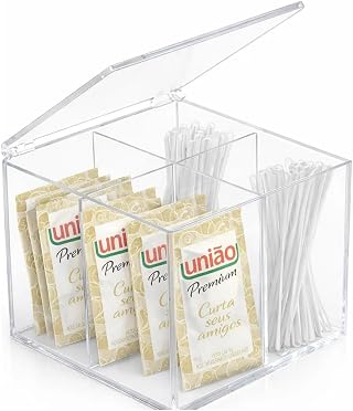 Porta Sachês 4 Compartimentos com Tampa Articulada em Acrílico Cristal 10x10x10 cm Organizador para Açúcar Chá Adoçante Mexedor Cantinho do Café