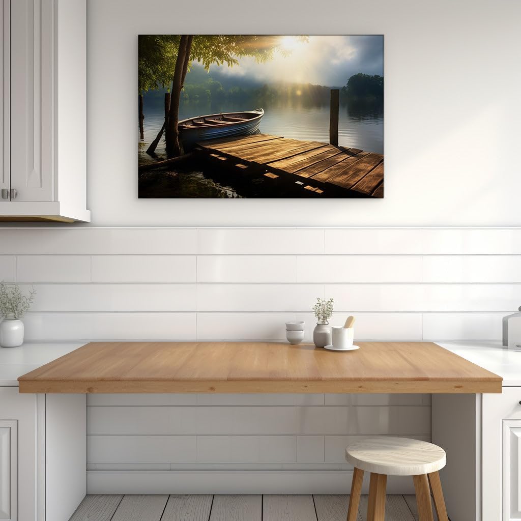 Canvas for Living room. Dawn's Serene Embrace - A Wooden Dock's Journey into Morning's First Light, 27 x 18 inch Canvas Wall Art - Contemporary Masterpieces - Modern Home Decor