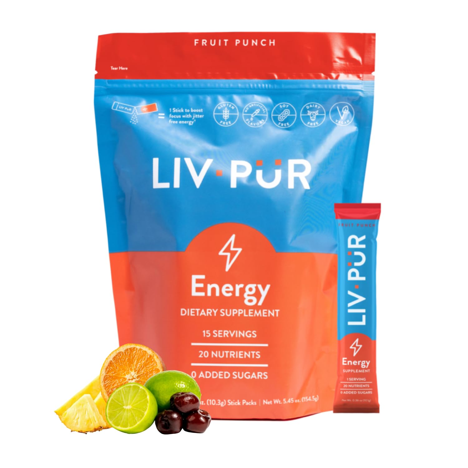 Energy Supplement Powder | Supports Focus & Mental Clarity | Slow-Absorbing, Natural Caffeine, Jitter-Free Energy | Vitamins B12 & C | NSF Certified for Sport | Fruit Punch, 15 Sticks