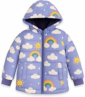 Trampoline Kids Winter Jacket for Boys & Girls – Lavender Rainbow Cloud Print Hooded Padded Jacket with Zip Closure Price In India