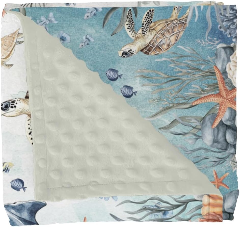 Vintage Sea Baby Blankets for Girl Boy Boho Whale Shark Turtle Fishes Coral Seaweed Soft Mink Dotted Backing Double Layer Swaddle Blanket Ocean Marine Coastal Bed Throws for Toddler Nursery 30x40