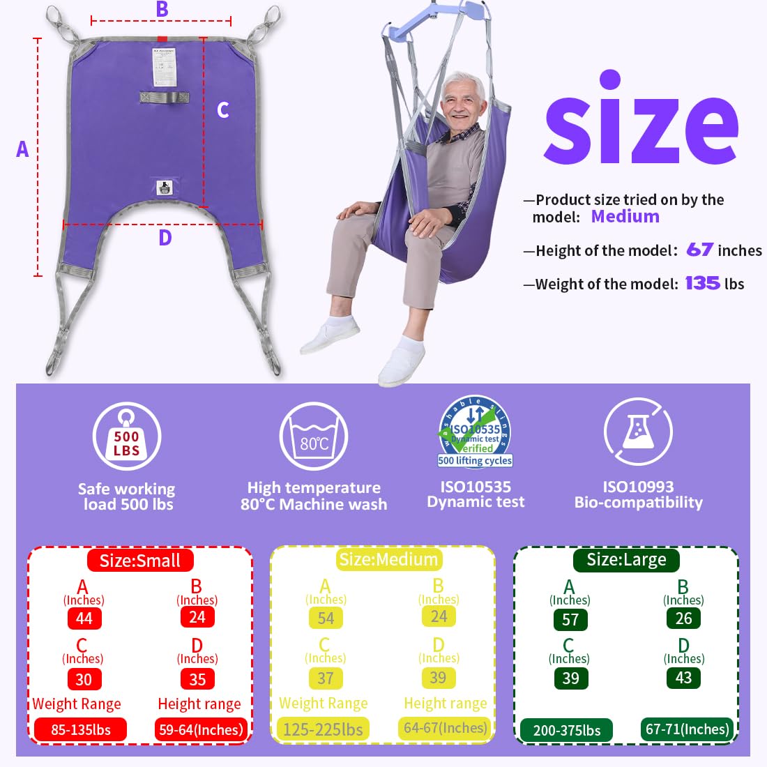 Eslinga de elevación dividida para pacientes con soporte de espalda baja, capacidad de transferencia de 500 libras para levantar e ir al baño de forma segura, ajuste universal reforzado de