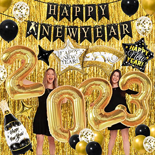 New Years Eve Party Supplies 2023,39 Pcs Happy New Year Decorations Set With Large Foil Balloons,Happy New Year Banner,Gold Foil Curtains Black,Gold,Confetti Balloons Happy New Years Decorations 2023 #TOP4