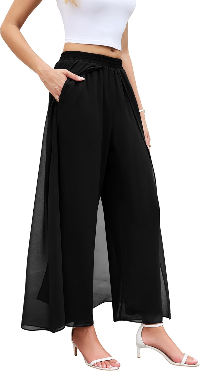 WANGZHI Women's Wide Leg Dress Pant Elegant Party Elastic Waist Trouser with Pockets