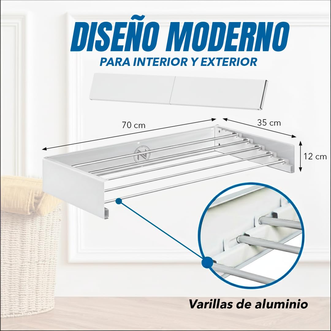 Tendedero Extensible de Pared Retráctil - Tendedero Plegable de Pared para Interior o Exterior - Ahorra Espacio - Compacto - 29 kg de Capacidad - 5 Varillas - 70 cm | Color Blanco