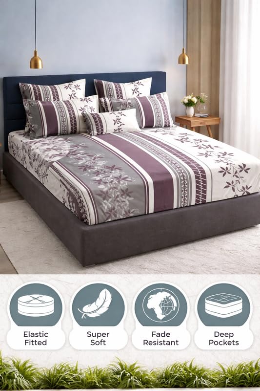 Image of King Size Elastic Fitted Bedsheet with 2 Pillow Covers - Glace Cotton, Fits up to 8-inch Mattress, All-Around Elastic (Floral Print, Wine)
