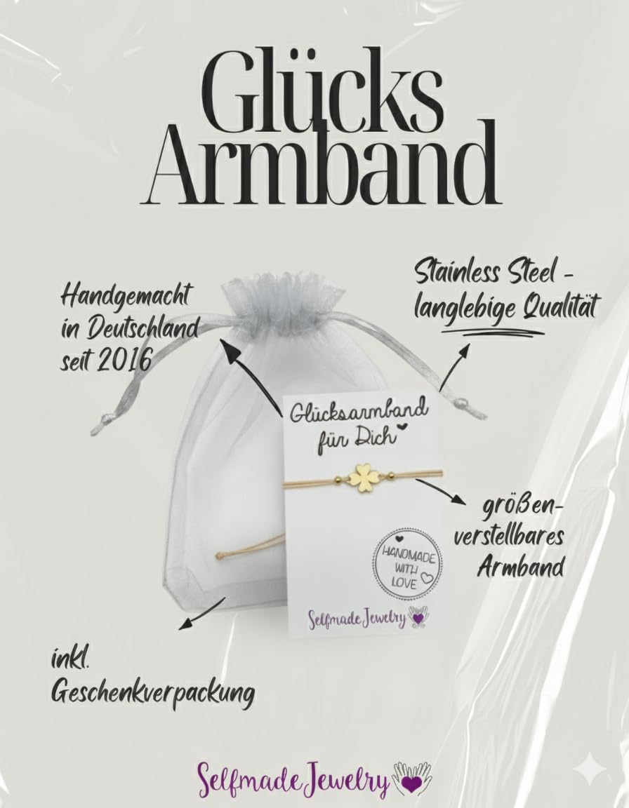 Selfmade Jewelry Armband Damen Kleeblatt Gold Handgemachter Glücksbringer mit Klee Größenverstellbar Inkl. Geschenk-Verpackung