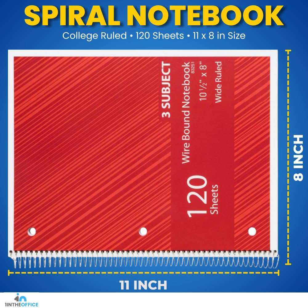 1InTheOffice Cuaderno en espiral con rayas universitarias de 11 x 8, cuadernos de 3 materias, cuadernos de espiral encuadernados con alambre, 120 hojas, colores surtidos, paquete de 4