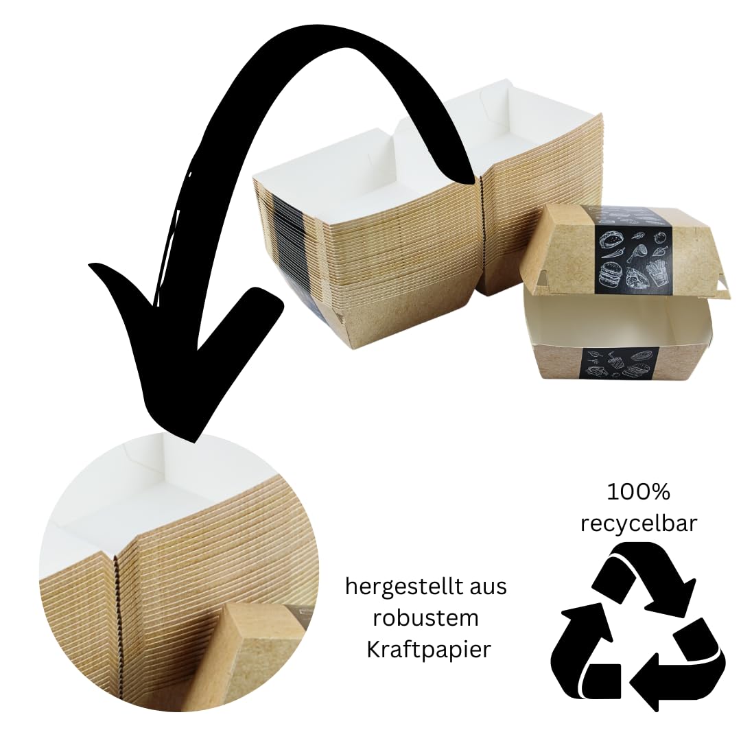 Enpack Burger-Boxen aus Kraftpapier Beige – 100 Stück – 13,5 × 13,5 × 9 cm – Einweg Burger-Schalen mit Klappdeckel, innen beschichtet – Snackbox To Go für Burger, Sandwich & Pommes