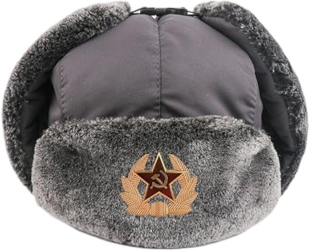 Unisex Winter Bomber Hats, Warm Trapper Hat Ear Flaps with Badge, Russian Army Ushanka Waterproof Winter Hat Soviet Soldier