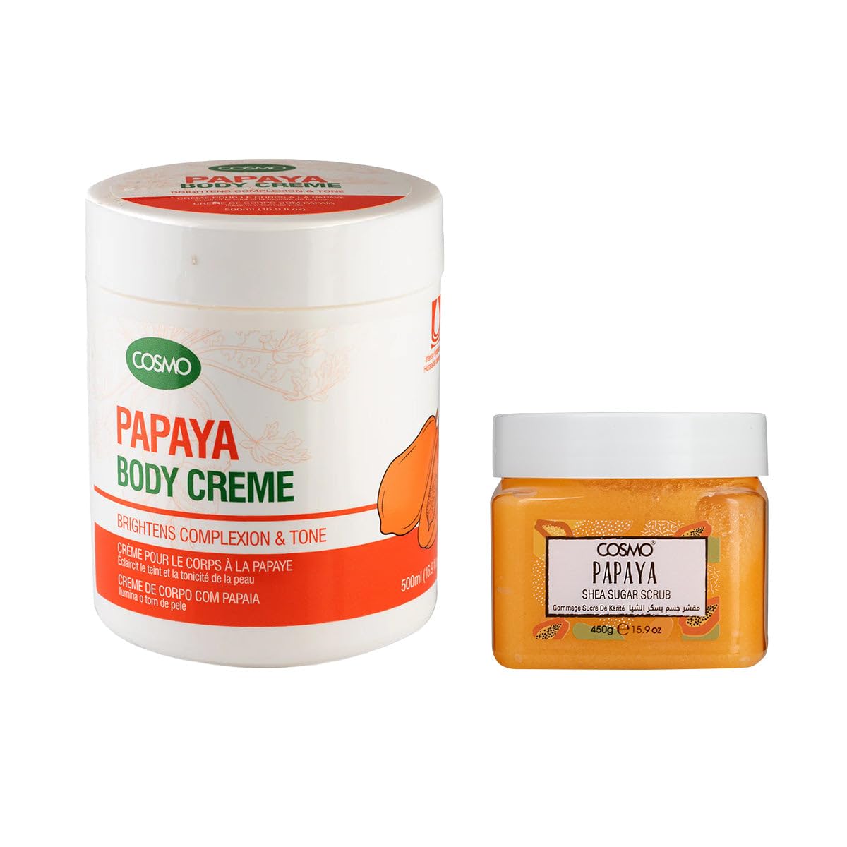 Cosmo Bath & Body Set Papaya Body Cream 500ml & Shea Sugar Scrub 450g Combo | Hydrating | Moisturizer | Brightening | Fast Absorbing | Non Greasy | Deep Exfoliate Scrubber | For Men & Women-image-8
