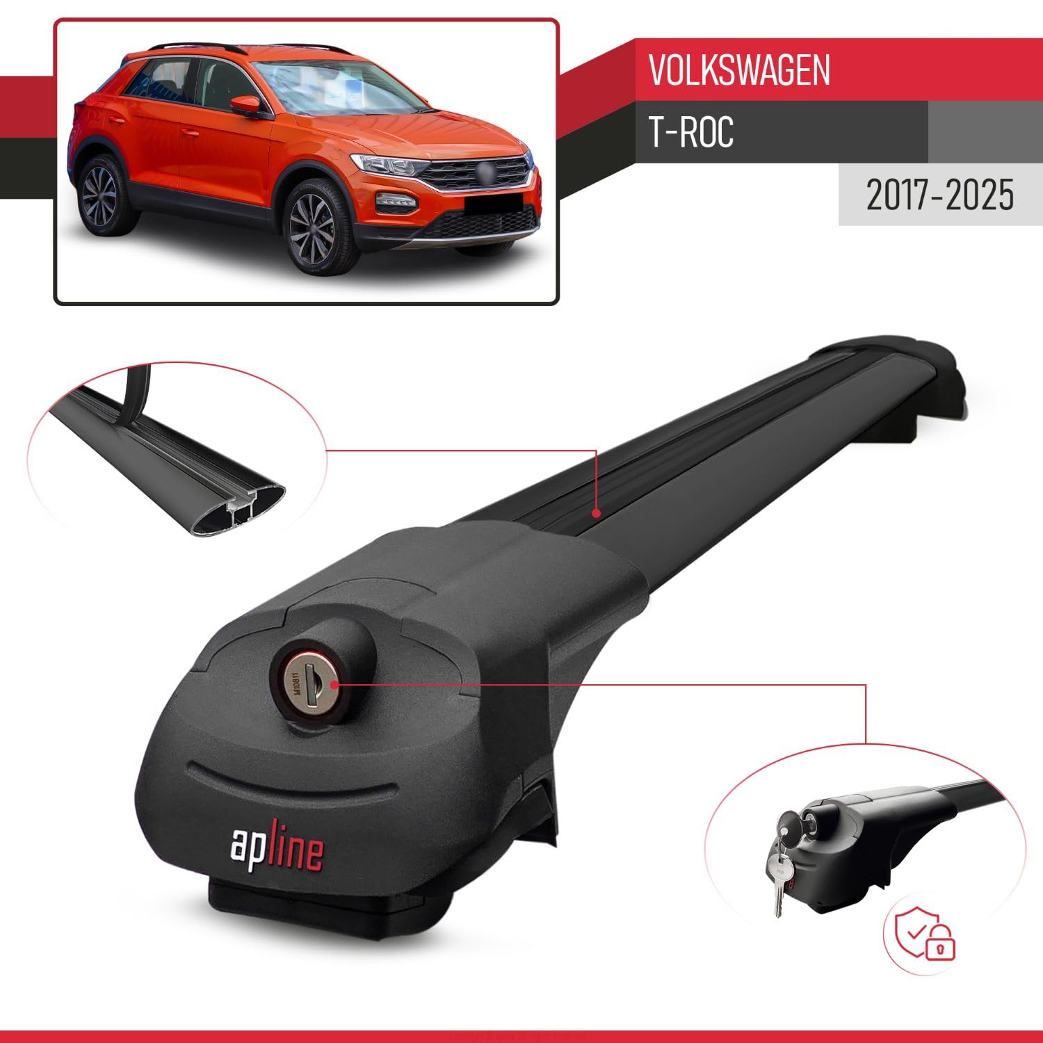 Compatibile con Volkswagen T-Roc 2017-2025 Modello ACE-1 Barre Tetto Portapacchi Auto Barre Portatutto Nero Alluminio 2 Barre