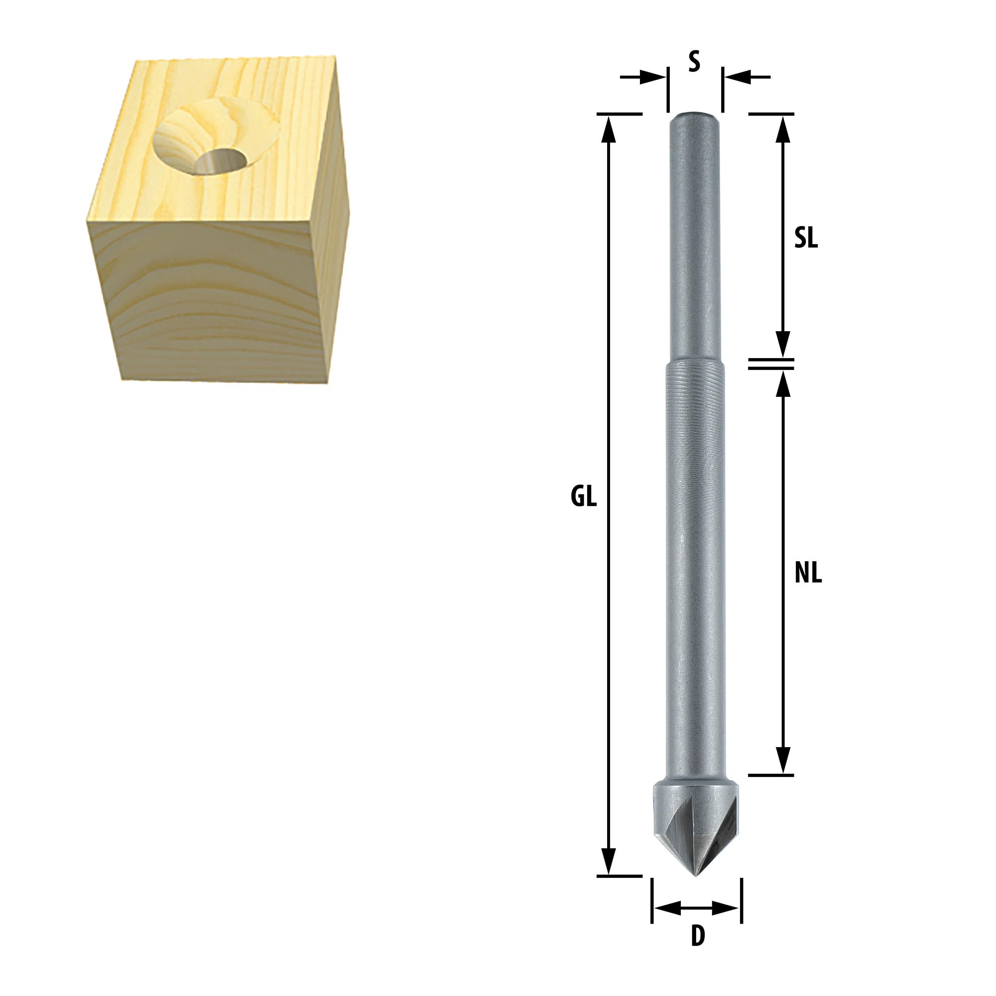 ENT 45303 Versenker HS Premium, Durchmesser (D) 20 mm, NL 60 mm, GL 90 mm, E 90°, SL 30 mm, S 6 mm