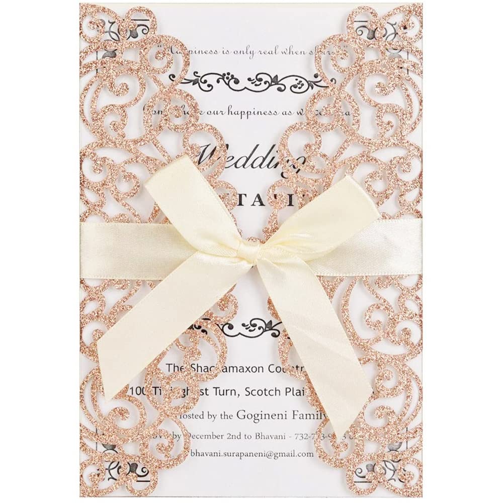 Tiardey 10 tarjetas de invitación de boda con purpurina floral cortadas con láser de 7.09 x 4.92 pulgadas con hoja interior en blanco y cinta para boda,invitación de fiesta,color rojo rosa