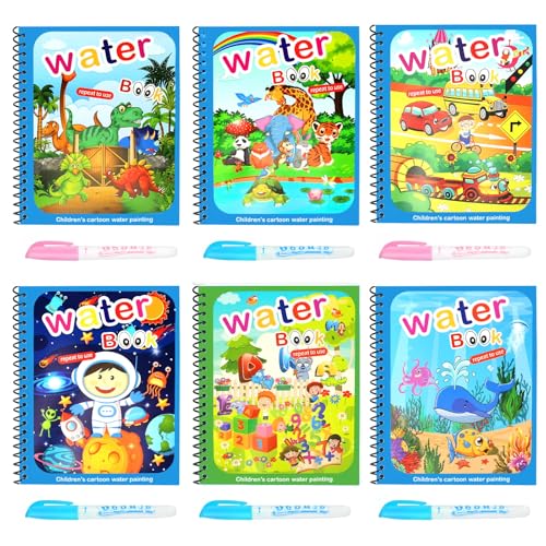 Wassermalbücher 6 Stück Magic Malbuch mit Wasserstift, Wiederverwendbares Magisches Malbücher Water Colouring Book, Magisches Wassermalbuch für Kinder, A5