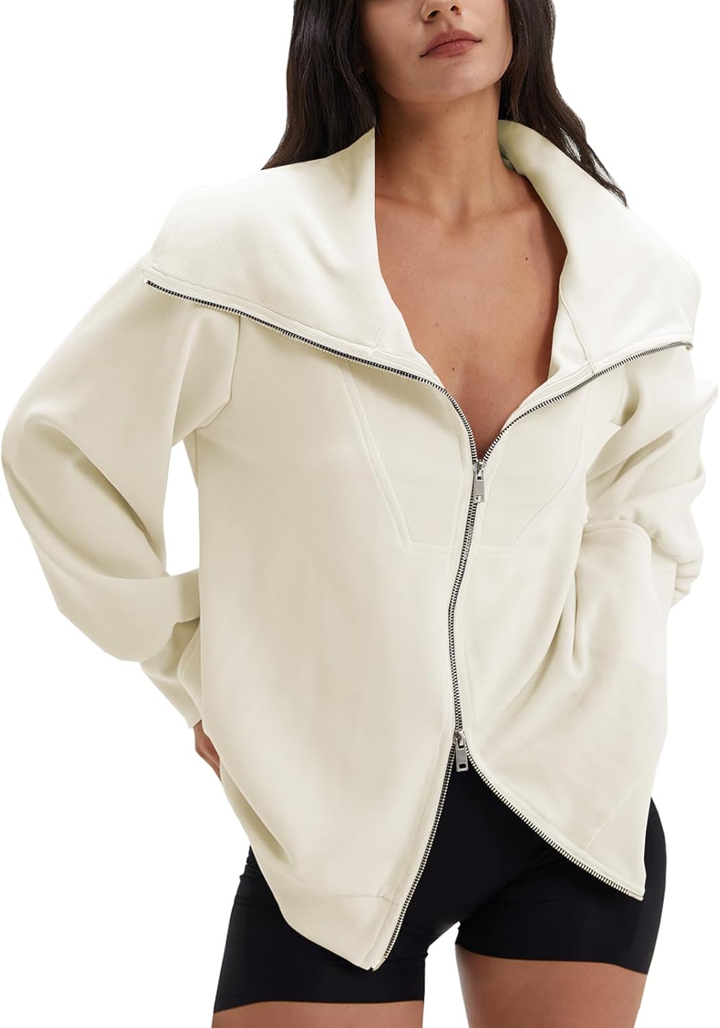 DEEP SELF Women's Zip Up Oversized Sweatshirts Long Sleeve Collared Casual Jacket 2024 Trendy Clothes with Pocket