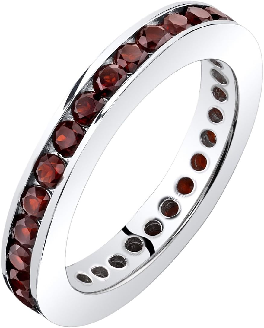 PEORA Garnet Classic Eternity Ring Band for Women 925 Sterling Silver, Genuine Gemstone, 1 Carat total, 3mm width, Size 8, Engagement, Promise, Statement Ring, January Birthstone Ring