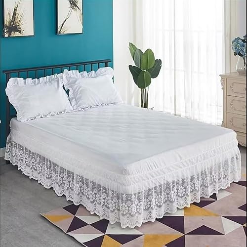 Miniatura 6 de Envoltura de cama elástica con ribete de encaje, falda de cama con volantes de fácil ajuste, color blanco (beige, King)