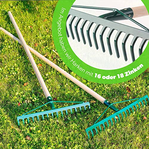 Foto von KADAX Rechen, breite Harke für Garten, Beet, Rasen, Gartenharke, Bügelrechen, Rasenrechen aus Metall, Laubrechen, Laubbesen, Gartengerät, Heurechen, Gartenwerkzeug (16 Zinken, Holzstiel)
