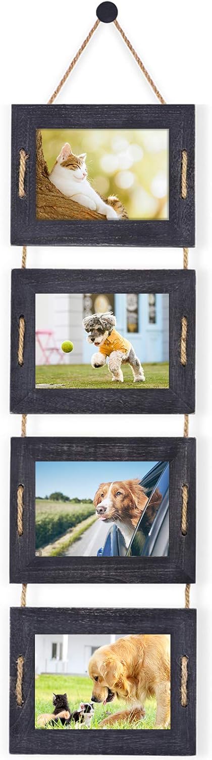 DLQuarts 5x7 Hanging Picture Frames Collage Wall Decor, 4-Opening, 3.5x5 With Mat or 5x7 Without Mat, Rustic Solid Wood Multi Picture Frames for Family, 1 Pack, Weathered Black Weathered Black 5x7-1 Pack