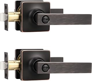 Mengico 2 Pack Oil Rubbed Bronze Privacy Lever Door Handle Interior with Lock, Heavy Duty Square Door Lock for Bed/Bath, Keyless Door Locksets, Reversible for Left Right Handed Doors
