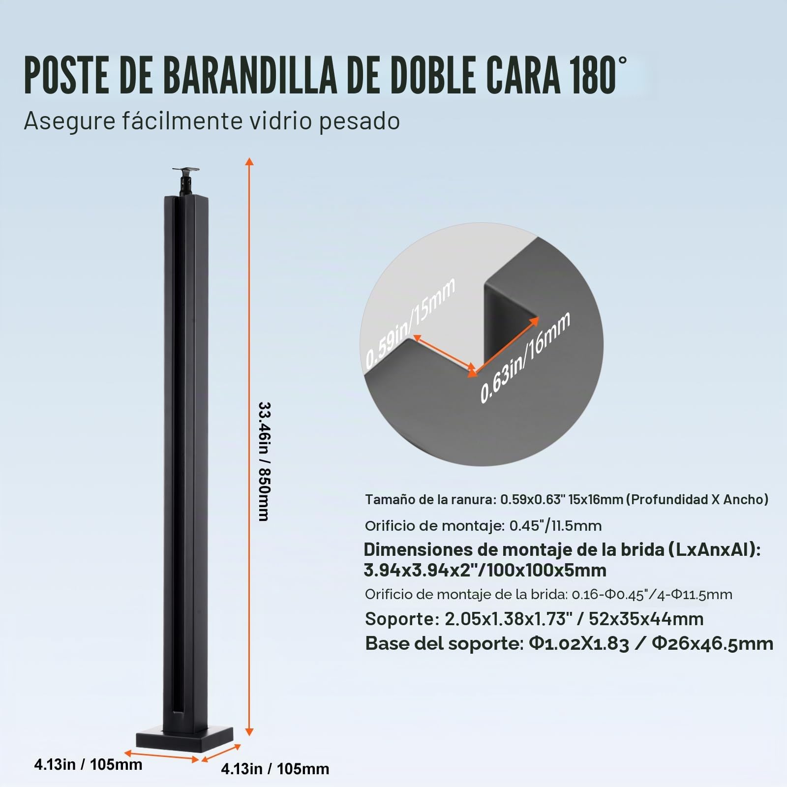 VEVOR Abrazadera de Vidrio, Soporte de Barandilla de Vidrio de 910 x 105 x 105 mm para Vidrio Templado de 10-12 mm de Espesor, Acero Inoxidable 304, para Balcón, Jardín, Cubierta, Escalera, Negro