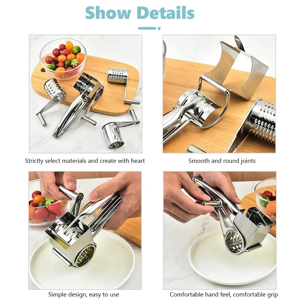 Käsereibe Drehbar - Manuelle mechanische Handreibe mit 4 Hobelköpfen für Käse, Schokolade, Obst und Gemüse - Küchenreibe