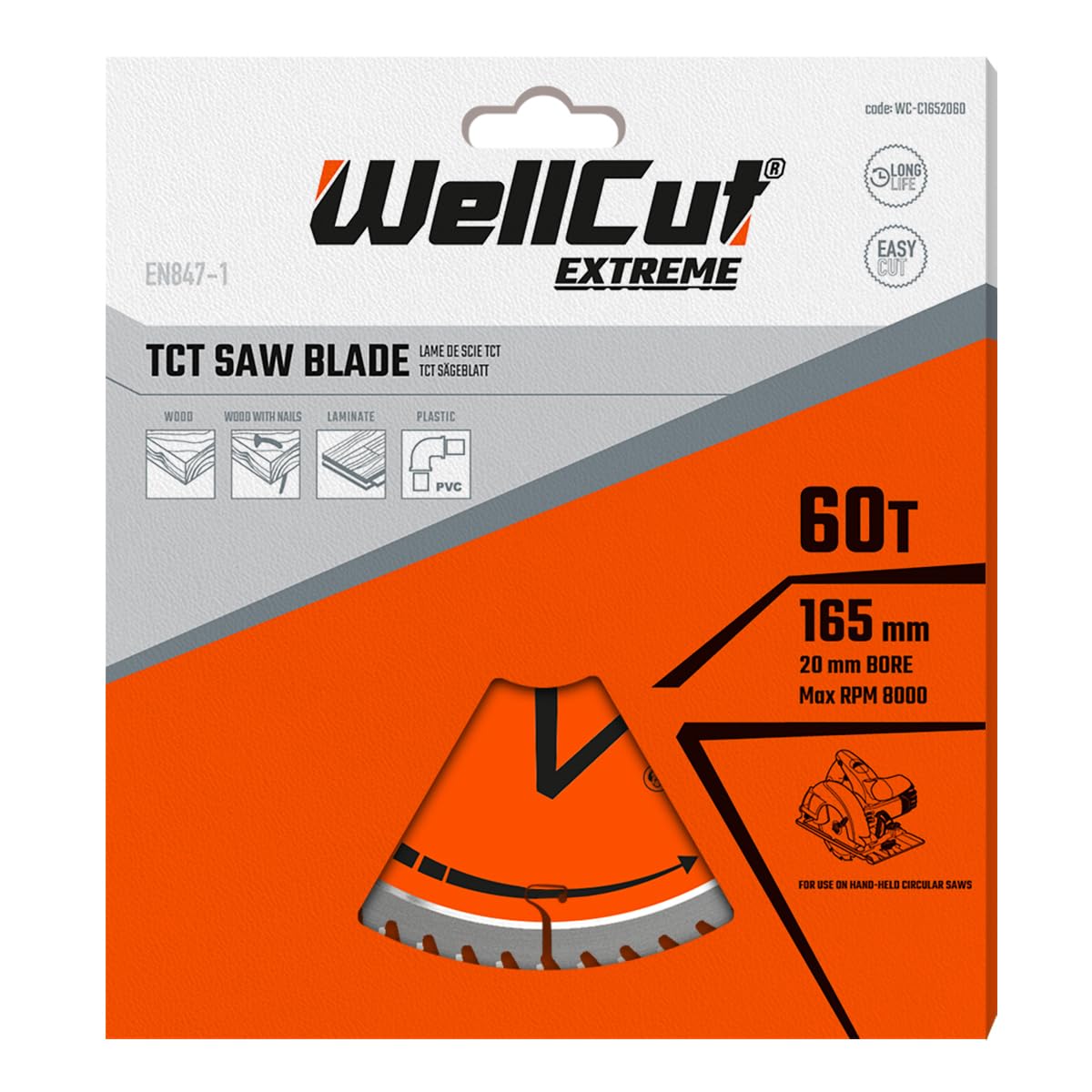 TCT Lot de 2 lames de scie 165 mm x 60 dents x 20 mm alésage pour DSS610, DSS611, DCS391, HD18CS, M18CS55, WELLCUT