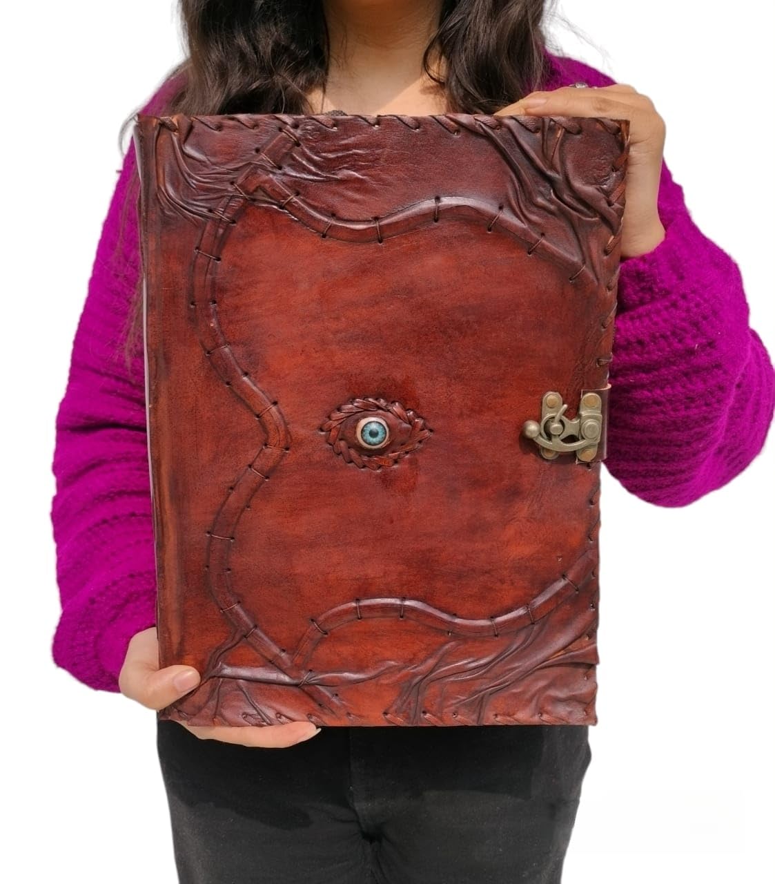 TUZECH Cutomizable Hocus Pocus Book of Spells Leather Journal Third Eye Deckle Edge Paper Grimoire Journal Vintage Book of Shadows Seven Chakra Antique Spell Book Lock Clasp Notebook Witch (10 x 13