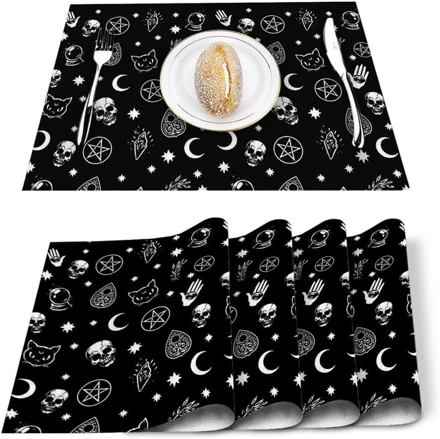 4/6pcs Set Table Mats Black Moon Divination Printed Table Napkin Kitchen Accessories Home Party Decorative Placemats (Color : D, Size : 4 PCS)
