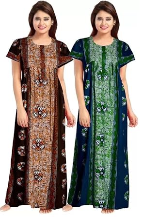 Tout ENESMLE Nighty for Women Cotton Printed Maxi Gown Ankle Length Nighty Night Dress Gown for Women Maxi – Free Size (Pack of 2)