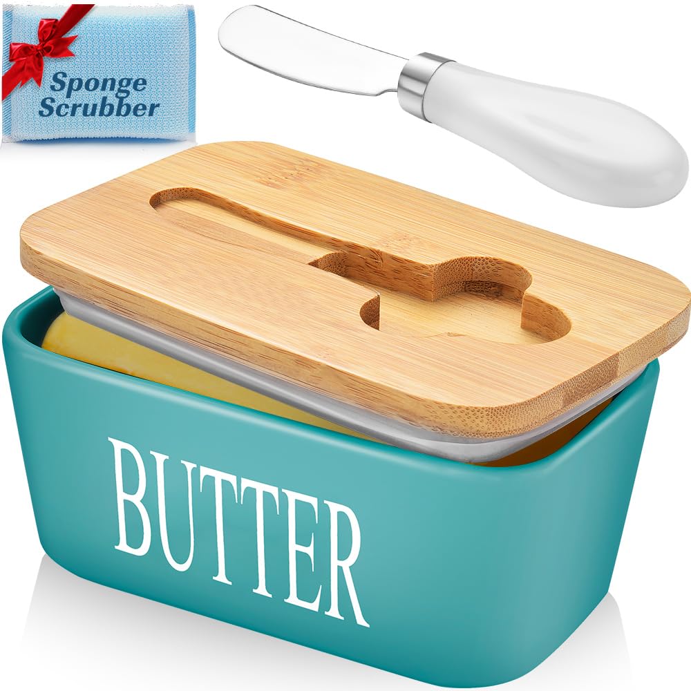 Butter Dish with Lid: Large Butter Container for Countertop - Ceramic Butter Holder for Counter - Butter Tray Butter Keeper with Knife and Sponge