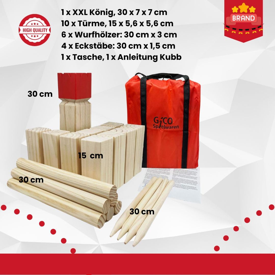 GICO Kubb, Juego Vikingo - Diversión al Aire Libre en Madera de Primera Calidad con Bolsa de Transporte 3263