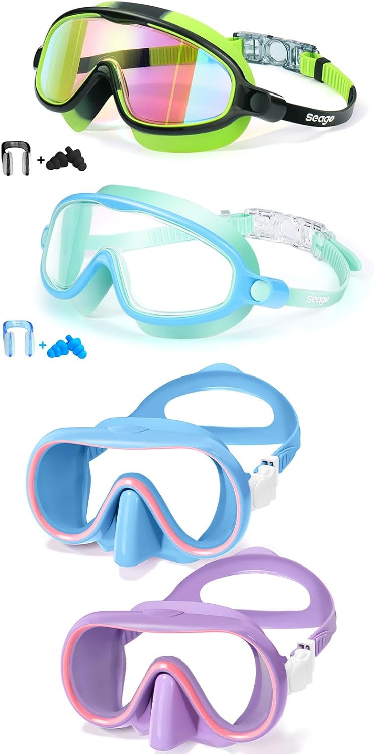 Seago 2 Pack Kids Swim Goggles with Nose Cover & 2 Pack Kids Swimming Goggles Wide View