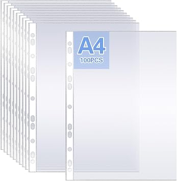100Pack Punched Pockets, A4 Clear Plastic Wallets 90 Micron Extra Strong Plastic Sleeves Clear Wallets Top Opening Poly Pocket Sheet Protectors for Ring Binder File Folders